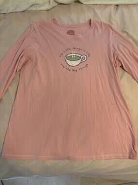Life is Good T-Shirt Crew Neck Long Sleeve Pullover Graphic Pink M Women